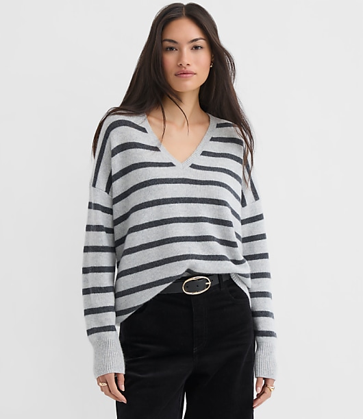 Stripe Relaxed V-Neck Cashmere Sweater