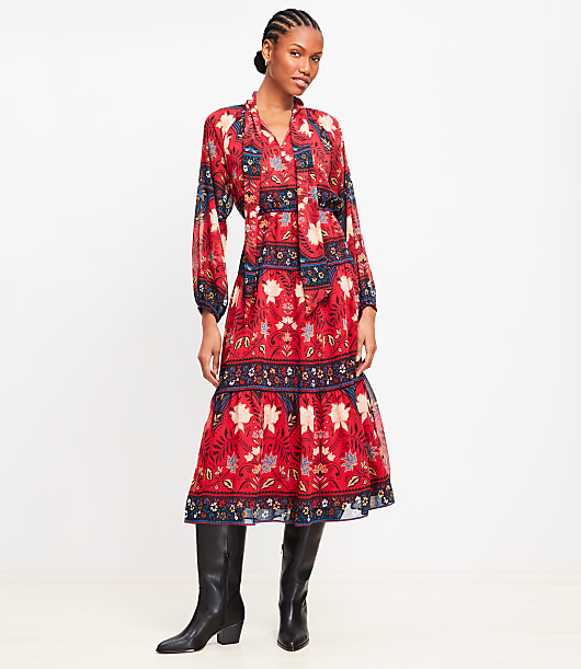 Petite Floral Bow Tiered Midi Dress