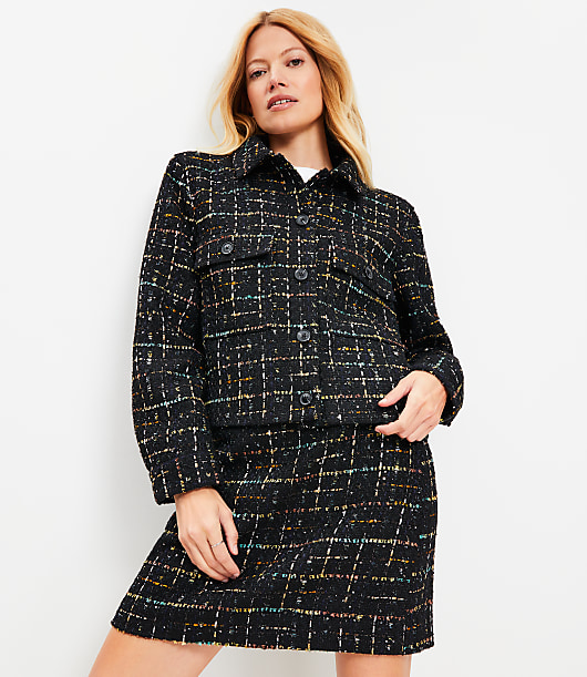 Tall Sequin Tweed Cropped Shirt Jacket - Black Multi