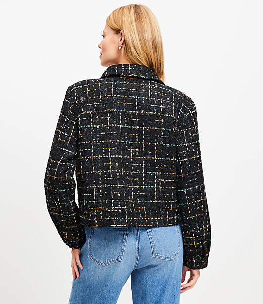 Tall Sequin Tweed Cropped Shirt Jacket - Black Multi