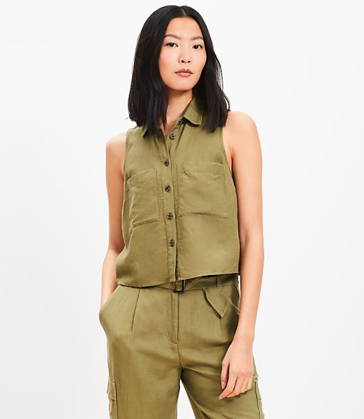 Linen Blend Sleeveless Pocket Shirt
