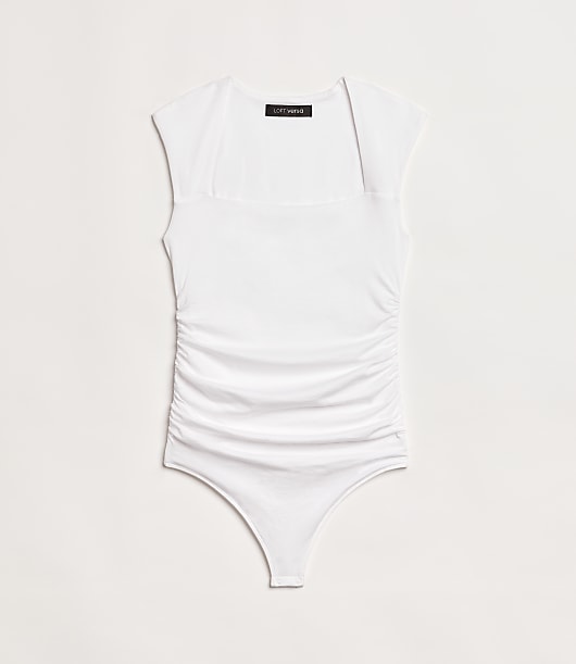 LOFT Versa 360 Knit Ruched Square Neck Bodysuit - White