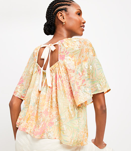 Shimmer Floral Tie Back Flutter Top