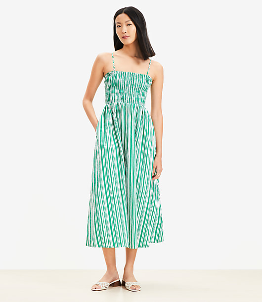 Striped Poplin Smocked Strappy Maxi Dress