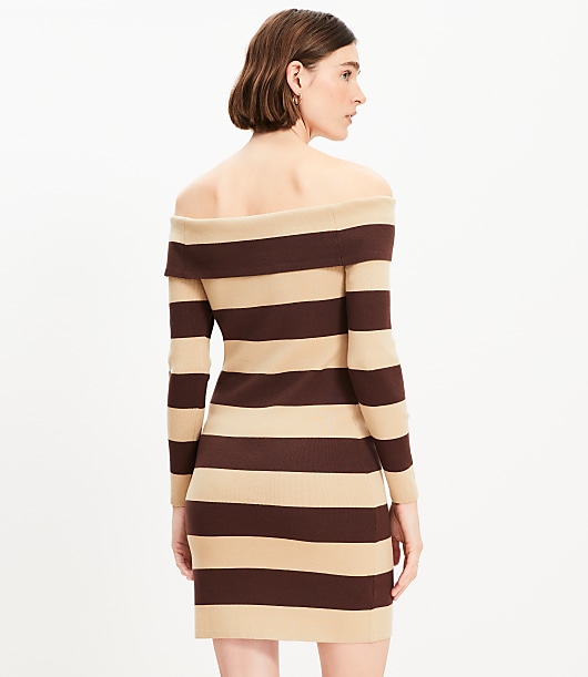 Petite Stripe Ribbed Off The Shoulder Mini Sweater Dress