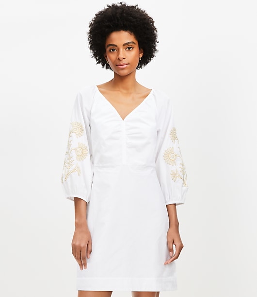 Floral Embroidered Poplin Shirred Mini Dress