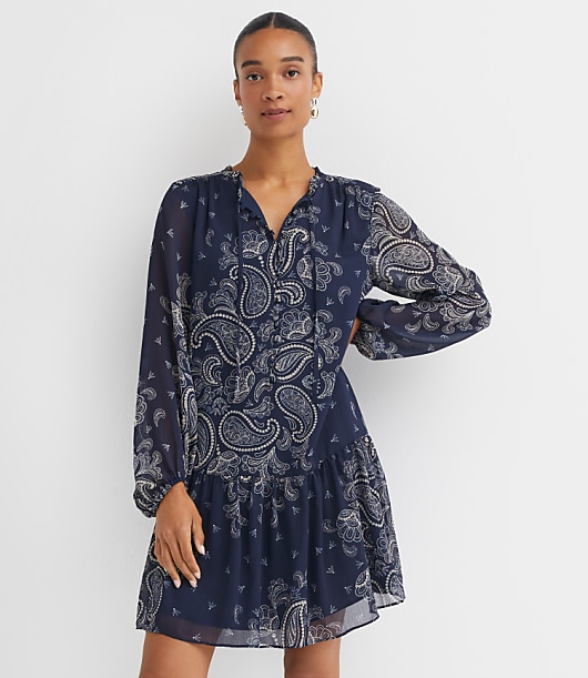 Petite Paisley Button Flounce Mini Dress