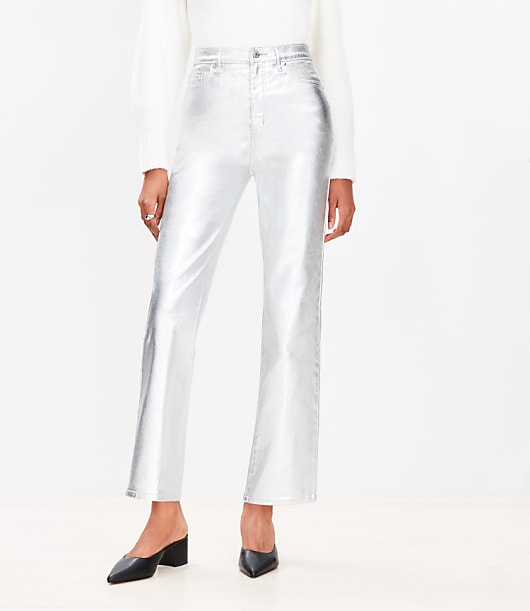 Coated High Rise Straight Jeans in Silver Metallic