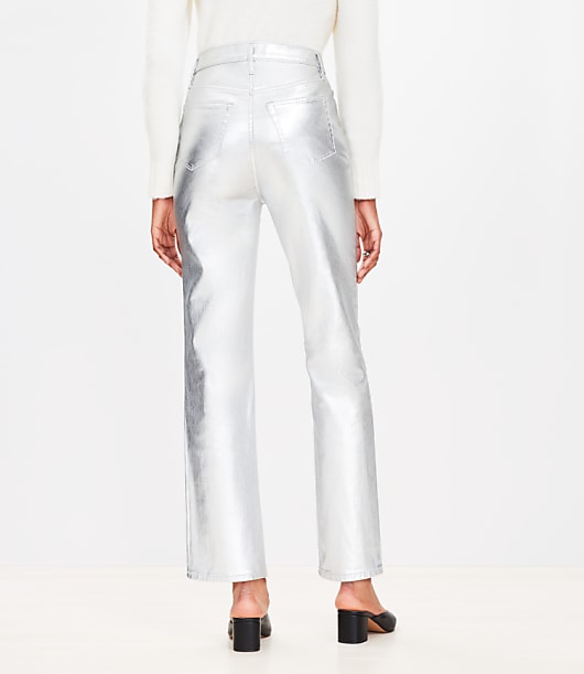Coated High Rise Straight Jeans in Silver Metallic