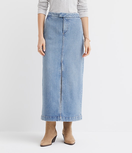 Refined Denim Midi Skirt in Classic Mid Indigo