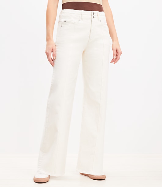 Petite Seamed Wide Leg Jeans in Ivory