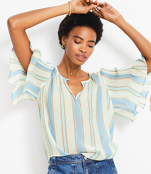 Stripe Pleated Sleeve Blouse