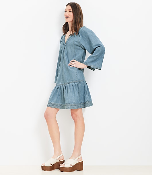 Chambray Tie Neck Mini Flounce Dress