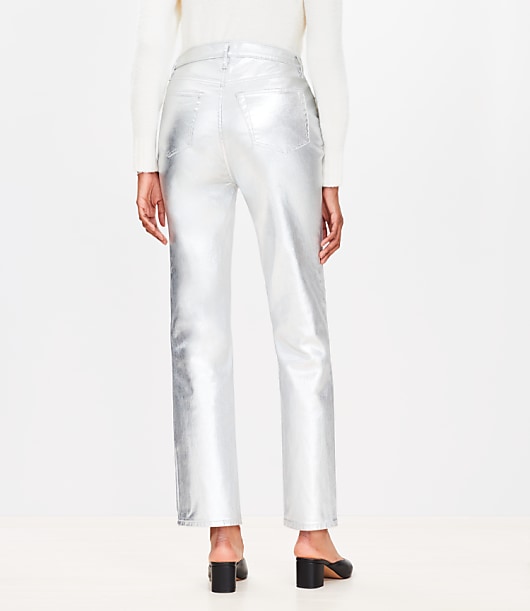 Curvy Coated High Rise Straight Jeans in Silver Metallic