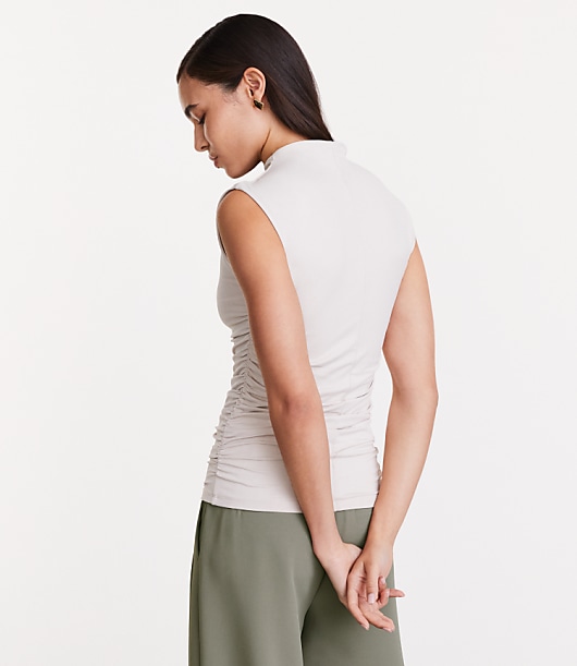 LOFT Versa 360 Knit Ruched Mock Neck Top - White Clay