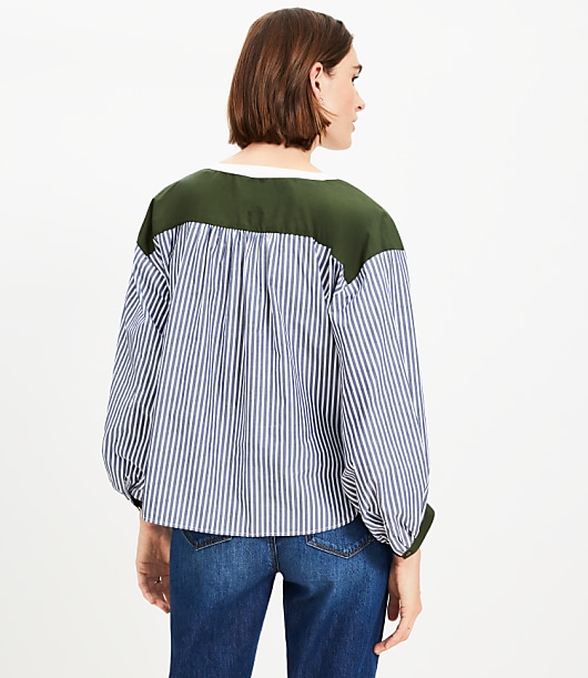 Petite Colorblock Striped Poplin Split Neck Blouse