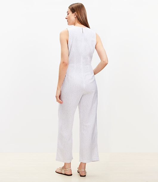 Striped Tie Front Linen Blend Jumpsuit