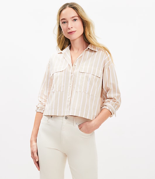 Petite Striped Poplin Wide Sleeve Modern Utility Shirt