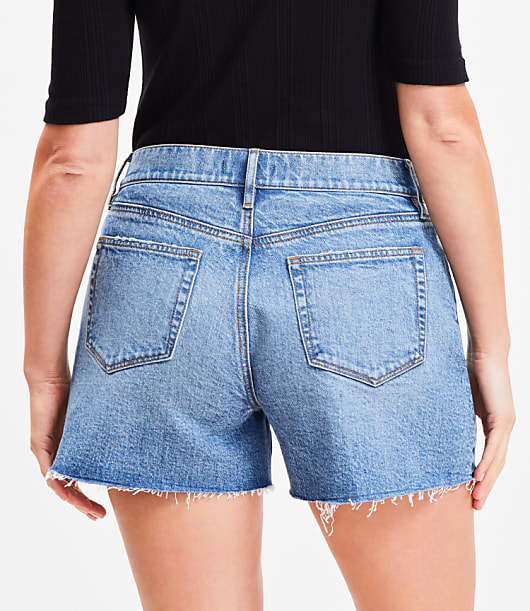 Petite Curvy Destructed High Rise Cut Off Denim Shorts in Authentic Dark Wash