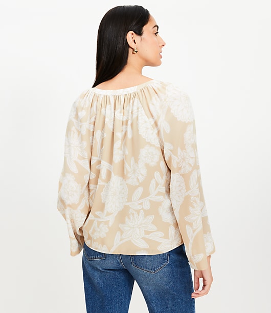 Petite Floral Tie Neck Flare Sleeve Blouse