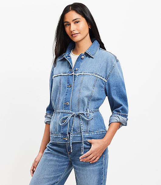 Petite Tie Waist Denim Trucker Jacket in Luxe Medium Wash