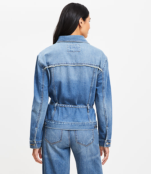 Petite Tie Waist Denim Trucker Jacket in Luxe Medium Wash