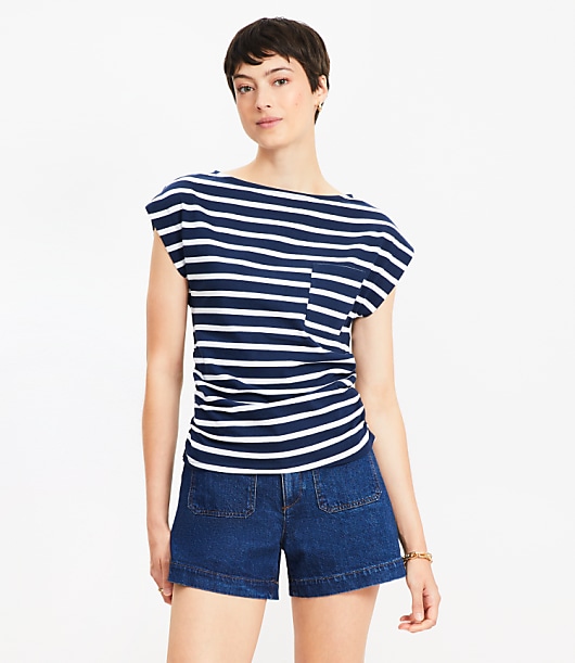 Stripe Ruched Boatneck Pocket Tee