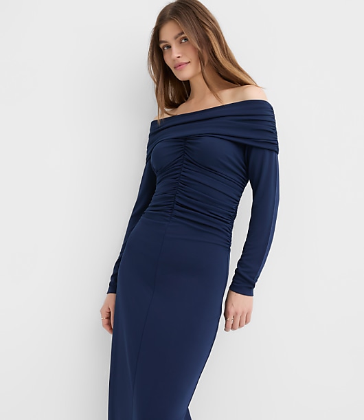 Petite Ruched Off The Shoulder Midi Dress