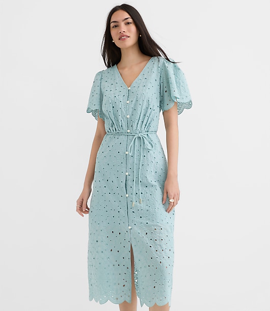 Petite Scalloped Eyelet Midi Pocket Shirtdress