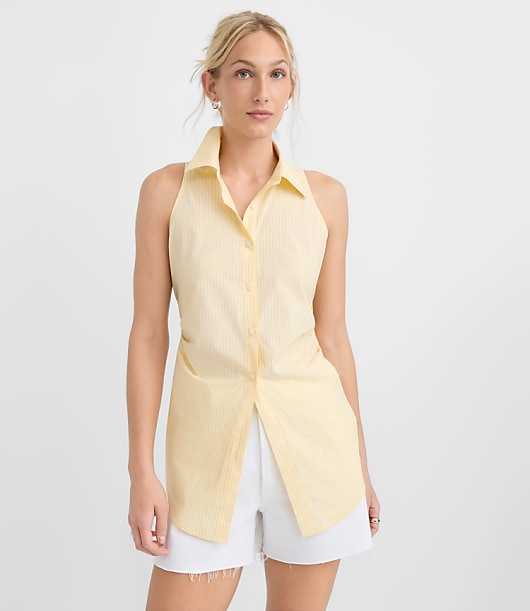 Striped Poplin Cutout Tie Back Halter Top