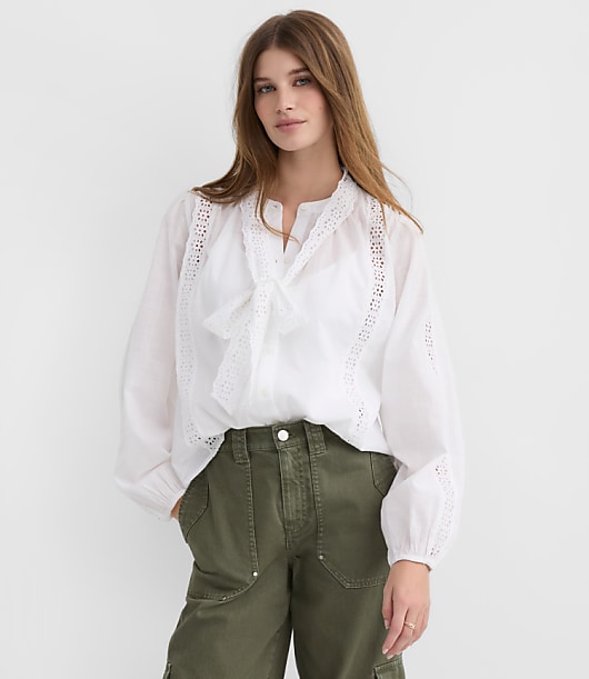 Petite Scalloped Eyelet Bow Blouse