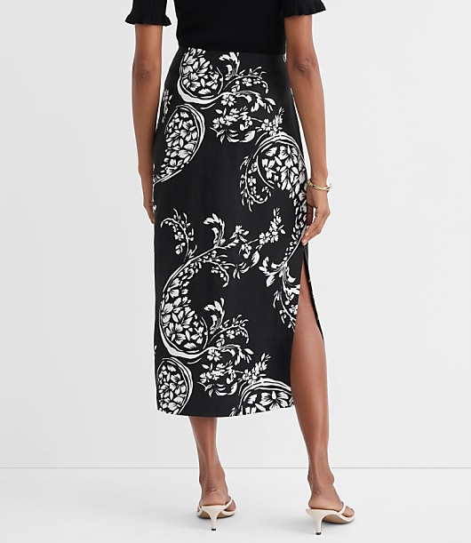 Petite Floral Paisley Ruched Linen Blend Midi Skirt