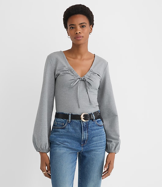 Heathered Cinched Tie Neck Top