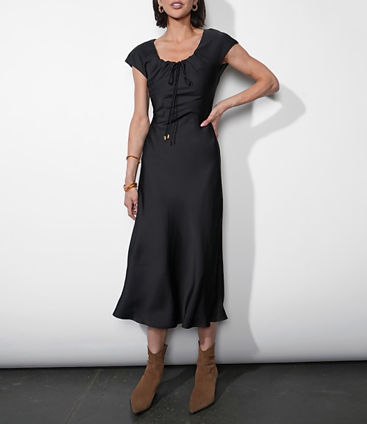 Greylin Inez Neck Drawstring Satin Midi Dress