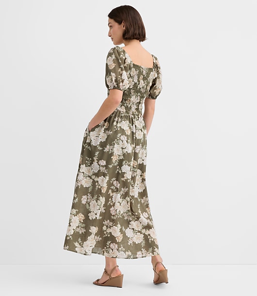 Petite Floral Smocked Puff Sleeve Midi Dress