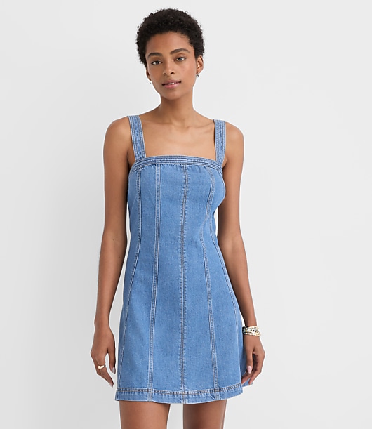 Petite Seamed Denim Mini Dress in Medium Blue