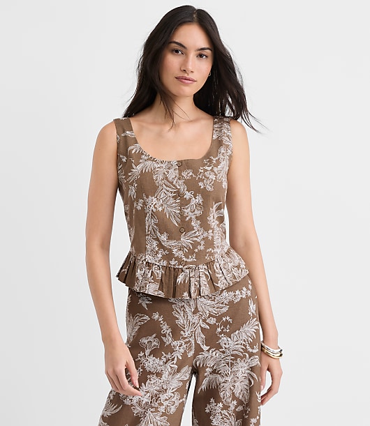 Floral Toile Linen Cotton Peplum Top