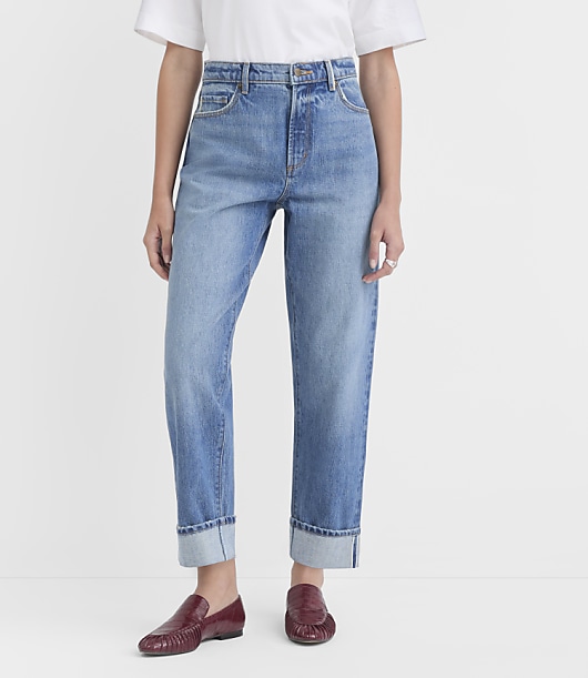 Rivete Selvedge Cuffed High Rise Straight Jeans in Medium Stone Wash