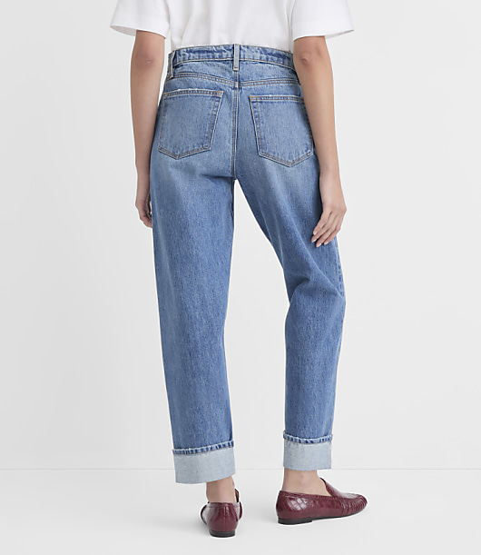 Rivete Selvedge Cuffed High Rise Straight Jeans in Medium Stone Wash