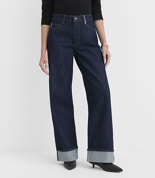 Rivete Selvedge Cuffed High Rise Wide Leg Jeans in Nova Wash