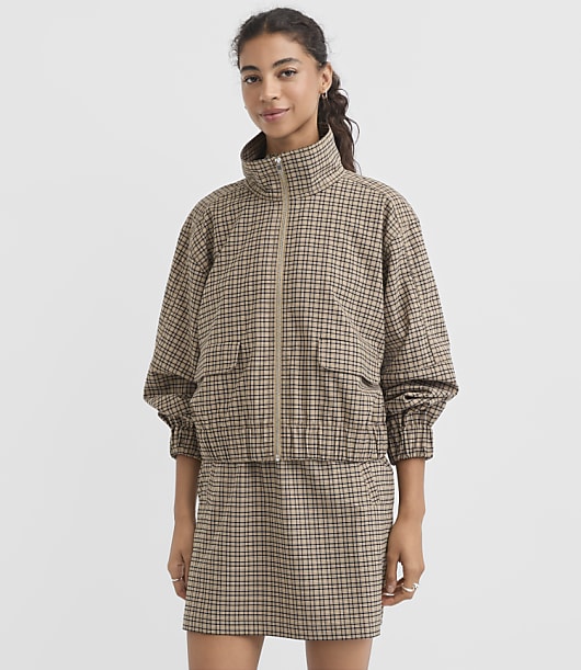 Petite Plaid Funnel Neck Bomber Jacket