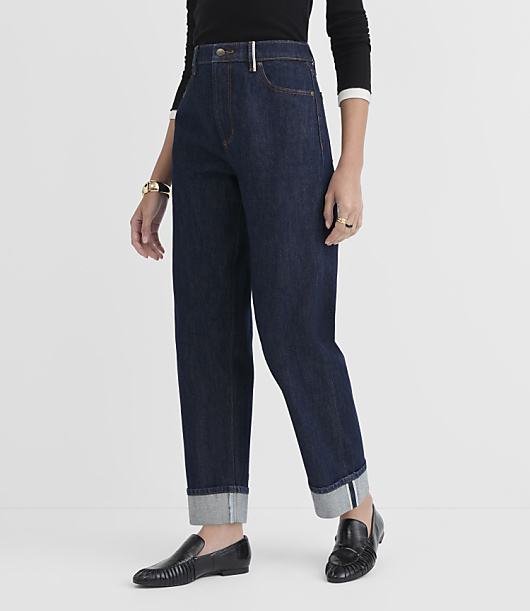 Rivete Selvedge Cuffed High Rise Straight Jeans in Nova Wash