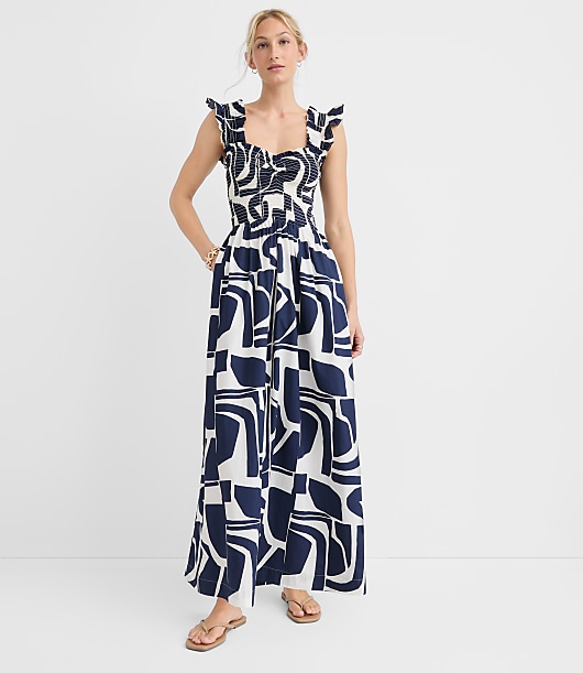 LOFT Beach Geo Poplin Ruffle Strap Maxi Pocket Dress