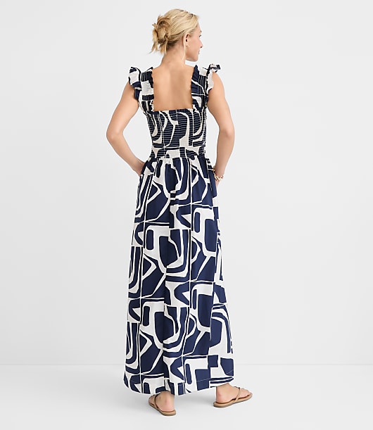 LOFT Beach Geo Poplin Ruffle Strap Maxi Pocket Dress
