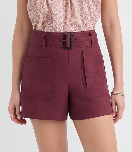 Petite Belted Patch Pocket Shorts in Linen Blend