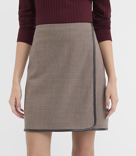 Faux Leather Trim Mini Wrap Skirt Houndstooth