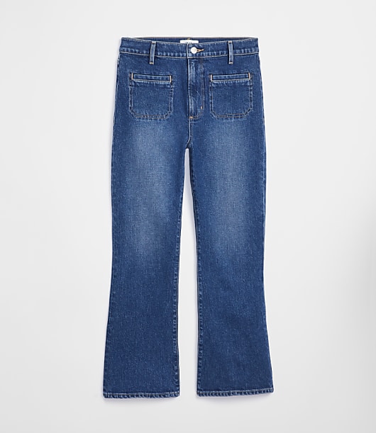 Rivete Tall Curvy Welt Pocket High Rise Kick Crop Jeans in Mid Wash