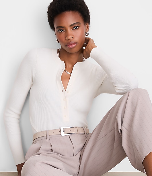 Petite LOFT Versa Ribbed Henley Sweater