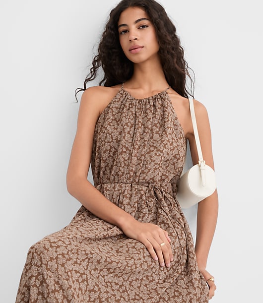Floral Tucked Maxi Halter Dress