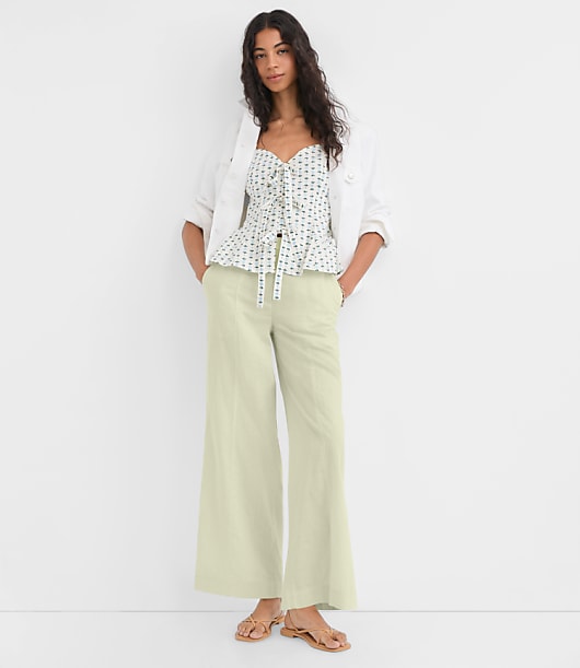 Loft Petite Linen Cotton Pull On Wide Leg Pants